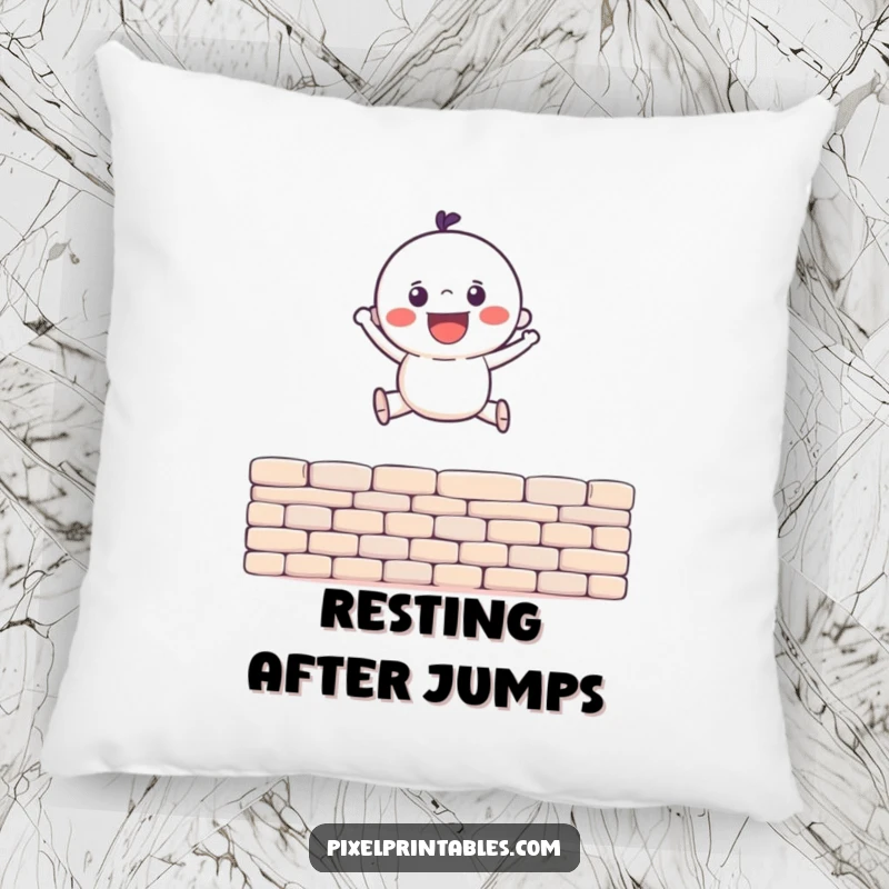 Funny Pillow with a gleeful pixel character leaping over a pixel wall, perfect for adding comfort and humorous retro vibes.