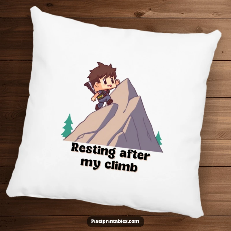 Funny pillow featuring a blocky pixel adventurer character halfway up a pixel mountain, offering a funny and comfortable decorative accent.
