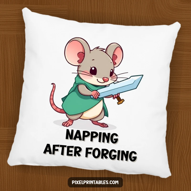 Funny pillow displaying a focused pixelated mouse creating a sword, bringing cozy fantasy vibes.