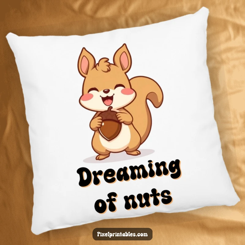 Funny pixelated squirrel triumphantly holding a pixelated acorn on a soft pillow, a retro gaming design for joyful snuggles.