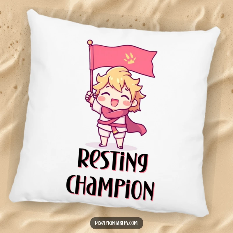 Funny Pillow with a triumphant pixel character with sharp edges raising a pixel flag, offering comfort and gamer flair.