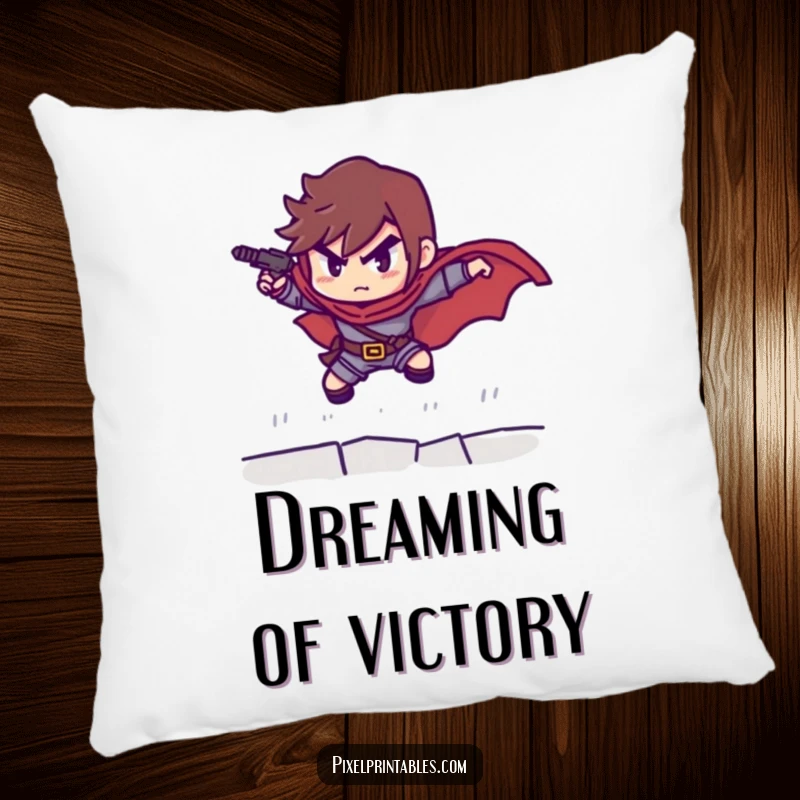Funny pillow with a determined pixelated hero in a leaping pose, bringing retro gaming charm and comfort to any couch.