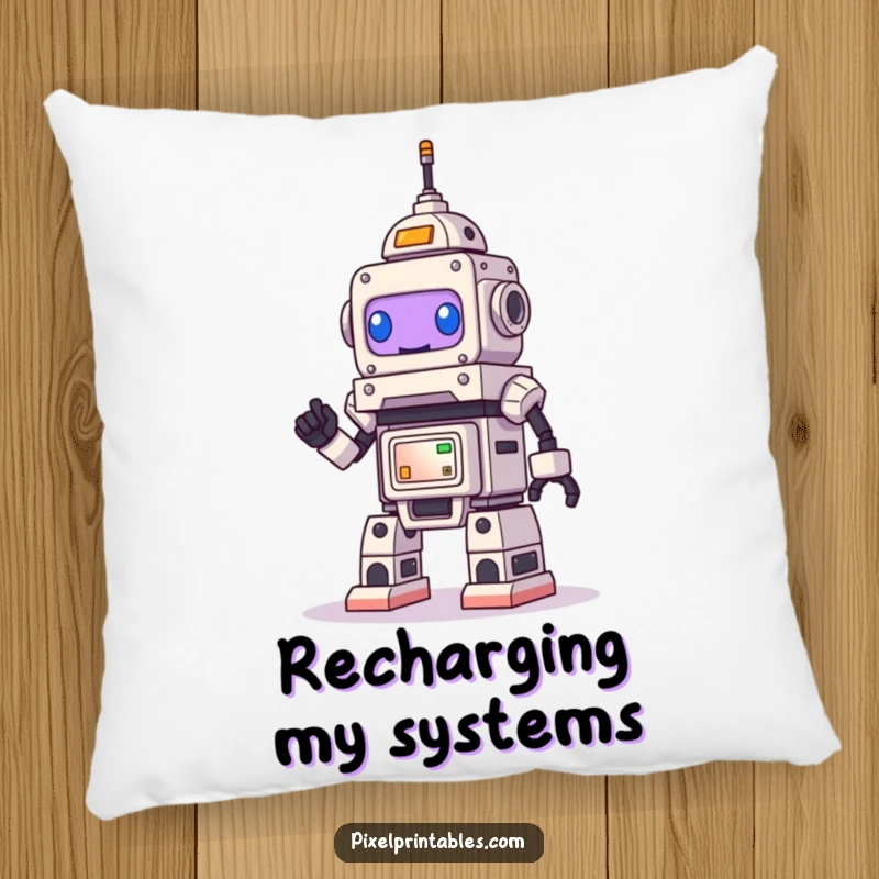 Funny Robot Pillow, a cheerful robot character smiling while constructing a pixelated tower, cozy home decor.