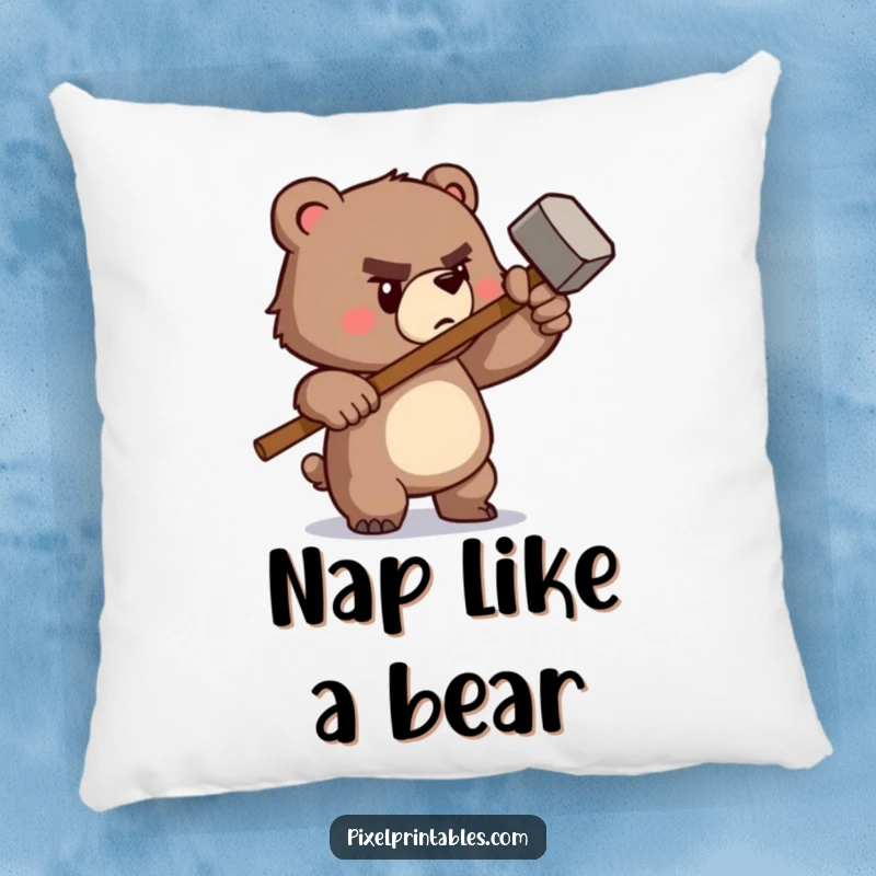 Funny pillow with a determined pixelated bear wielding a tiny pixelated hammer, offering soft comfort and retro DIY appeal.