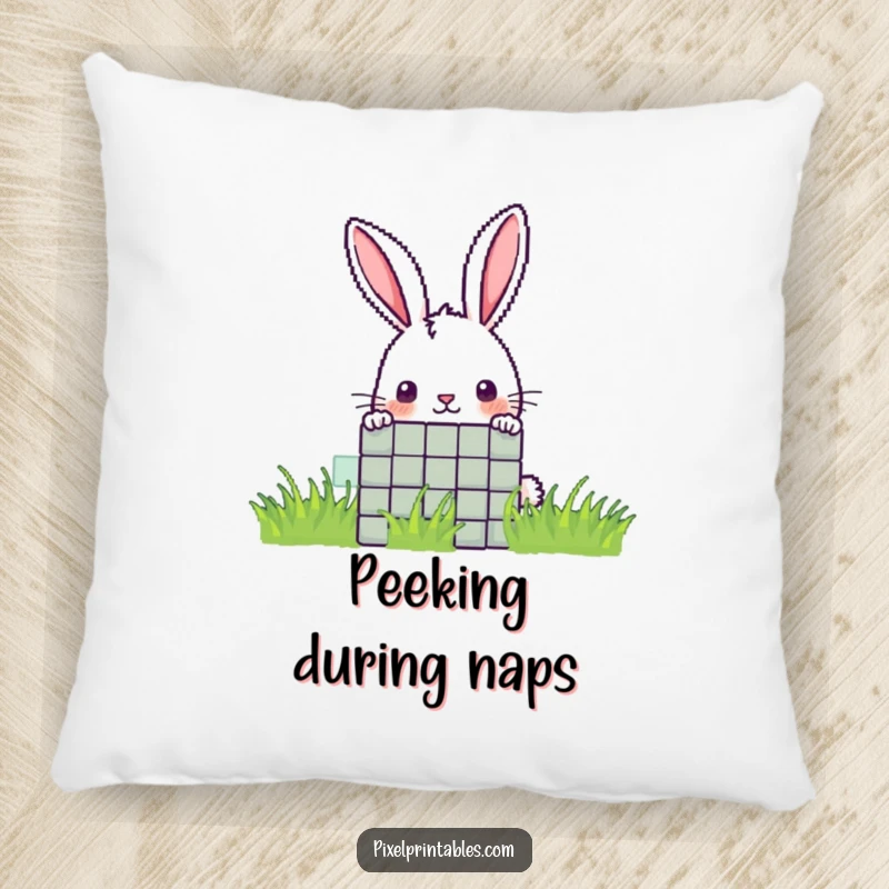 Funny pixel rabbit pillow featuring a curious pixelated rabbit peeking from behind a pixel, for cozy intrigue.