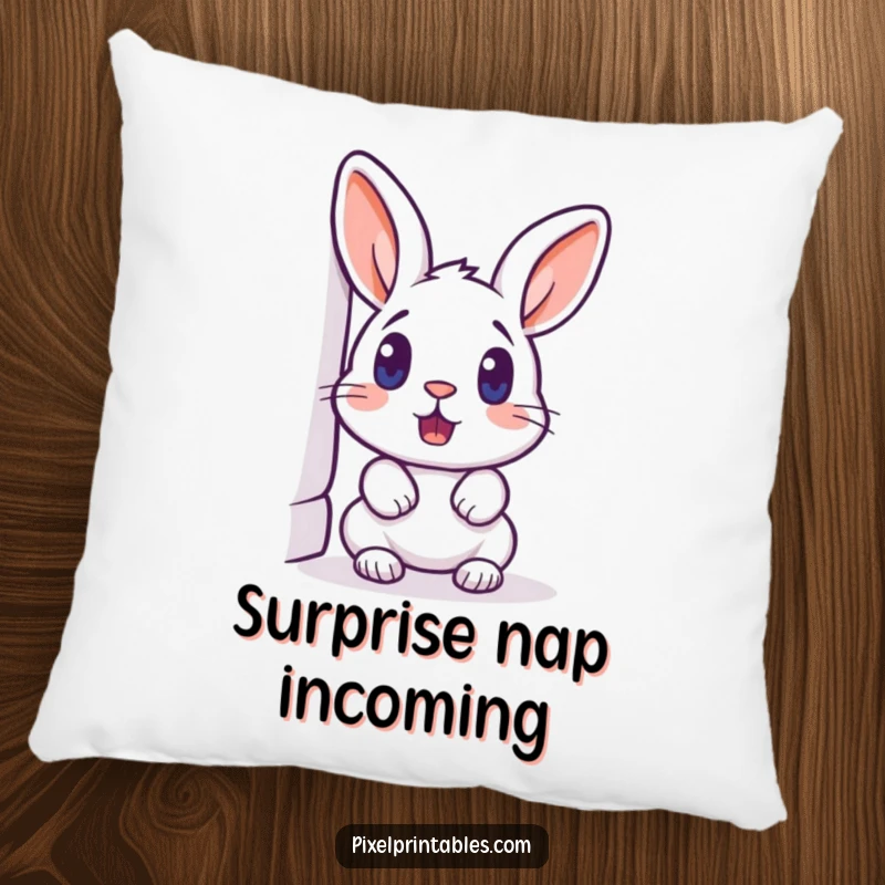 Funny pixelated rabbit peeking around a corner, surprised expression, retro pixel art pillow, soft and decorative.