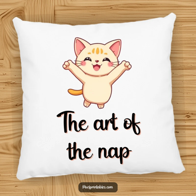 Funny Pixel Cat Pillow featuring a smiling, pixelated cat in a playful leap, providing comfort and a touch of feline humor.