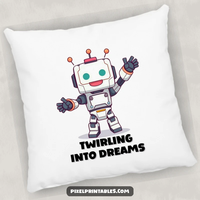 Funny pillow with a cute, blocky robot character in a joyful dance, adding comfort and quirky appeal.