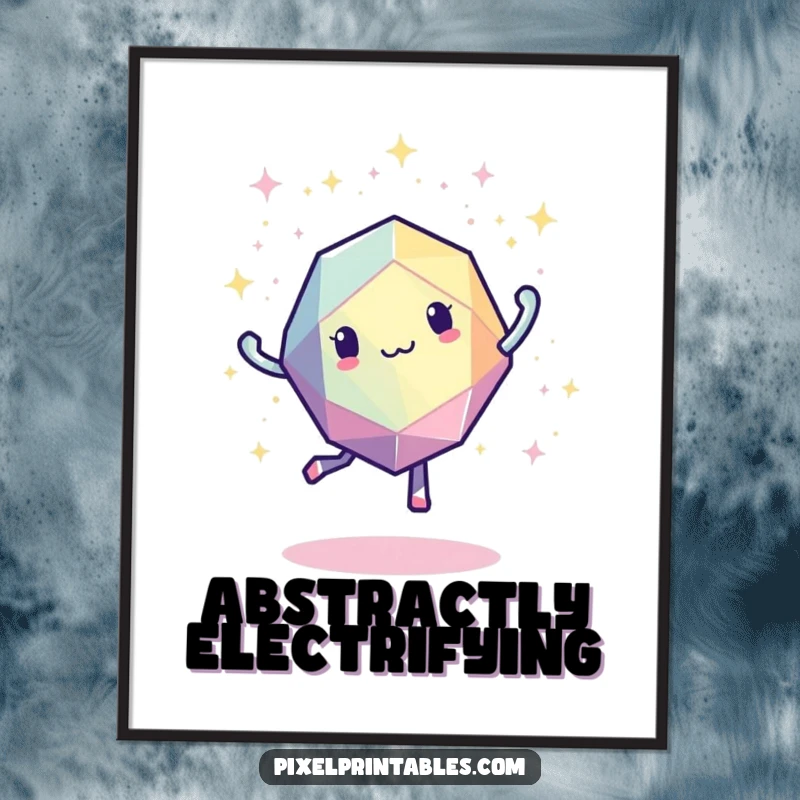 Funny pixelated geometric shape in a jubilant dance surrounded by sparkling pixels, high-resolution digital art.