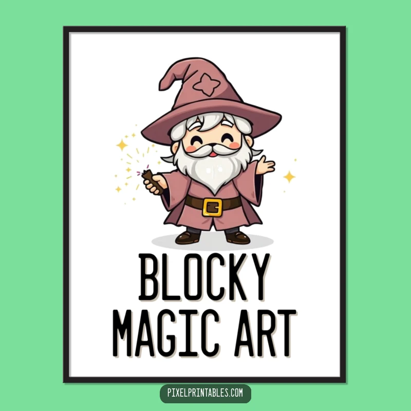 Funny Block Wizard Digital Print: Retro Spell Casting Art, Unique Funny Gift