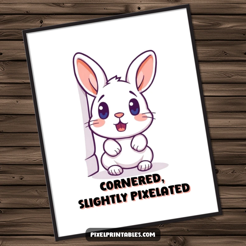 Funny pixelated rabbit peeking around a corner, surprised expression, retro pixel art, digital download print.