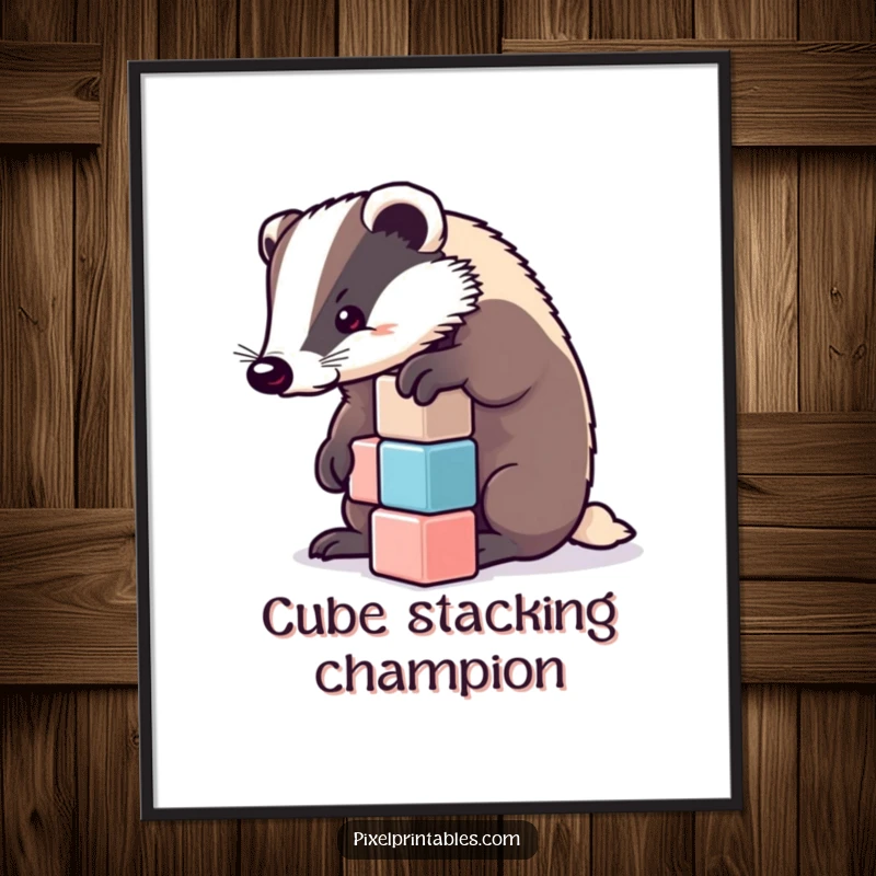 Funny badger concentrating on pixelated cubes, digital art print for download. Expresses determination and humor, ideal funny gift.