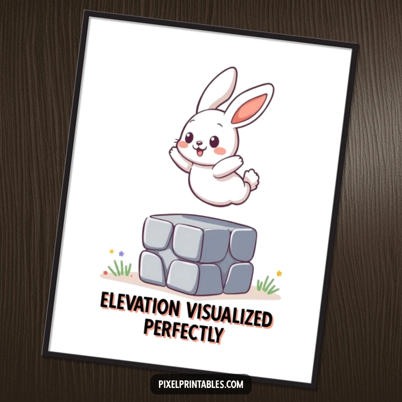 Funny Digital Art Print: A playful bunny jumping over a pixelated block, capturing energy and fun.