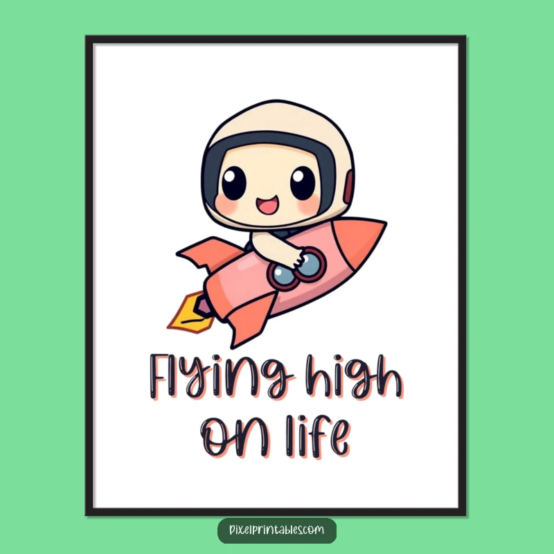 Funny Rocket Rider Digital Art: Happy Pixel Character's Cosmic Print