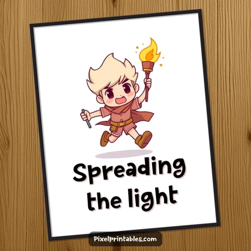 Funny Digital Art: A character runs with a torch, symbolizing humor, determination, and inspiration, ready to adorn any space as a funny gift.