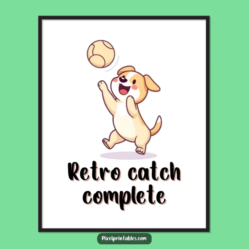 Funny Digital Art Print: Pixel Dog Ball Catch, Retro Instant Gift!