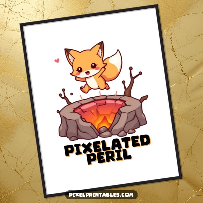 Funny digital art print of a cute fox character jumping over a pixelated lava pit, capturing the essence of classic video games.
