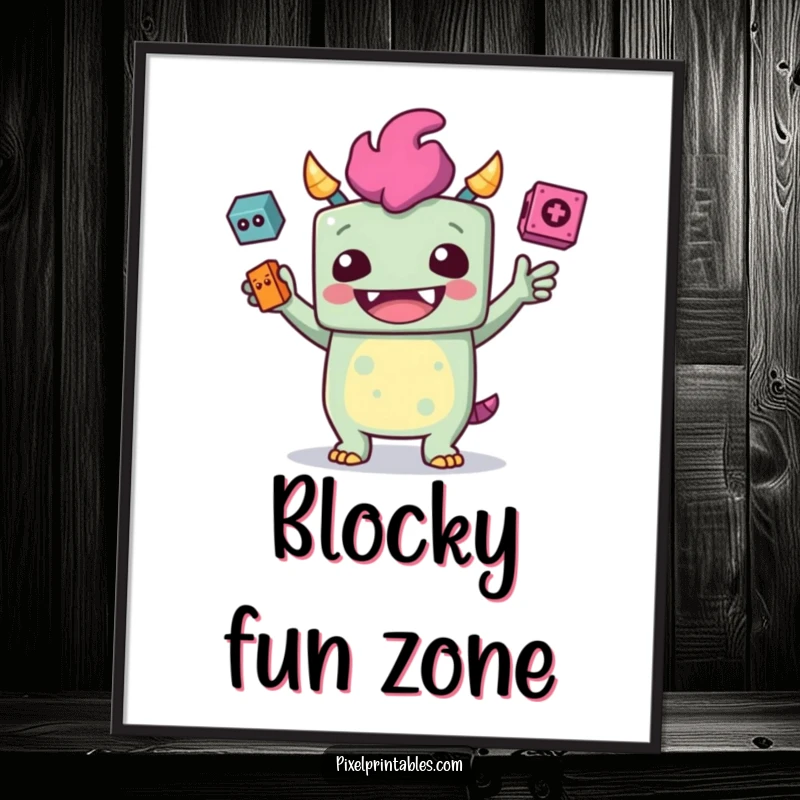 Funny digital art of a giggling, blocky monster juggling pixelated objects with a joyful, retro gaming vibe.