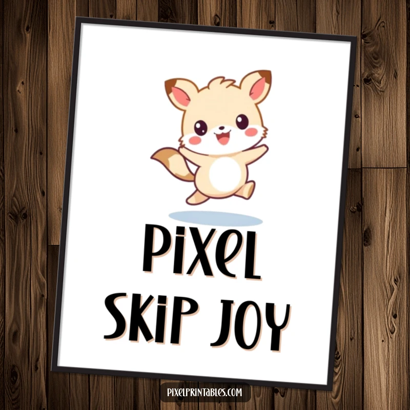Funny digital art print of a cute pixelated animal character skipping with joy, perfect for instant adorable decor.