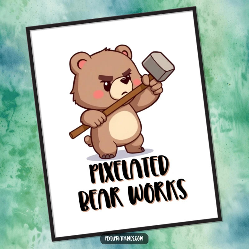 Funny digital art print of a determined pixelated bear wielding a tiny pixelated hammer, offering instant retro DIY charm.