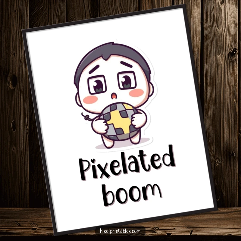 Funny pixel bomb digital art print of a surprised character with square eyes wide, holding a pixelated bomb, ready for download.