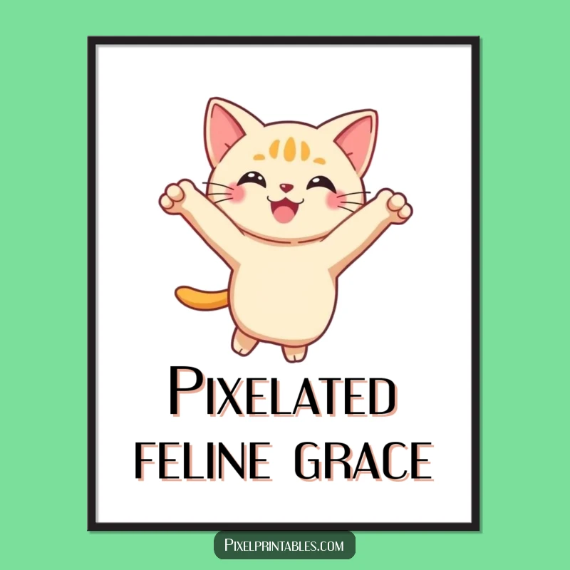Funny Pixel Cat Digital Art: Instant Playful Leap Download, Perfect Gift
