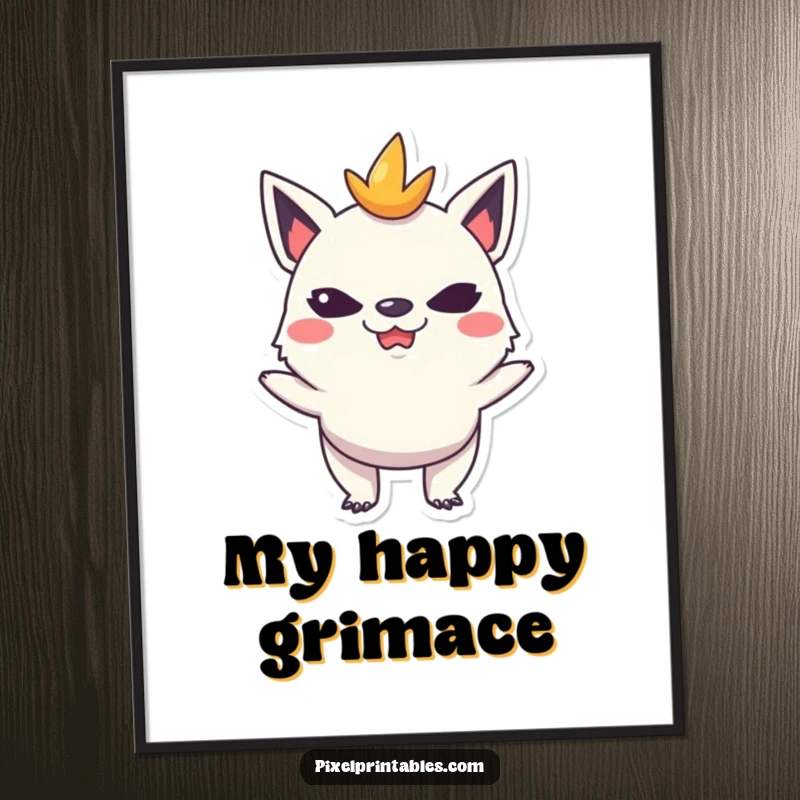 Funny digital art print of a mischievous pixelated creature making a funny face, perfect for adding playful decor.