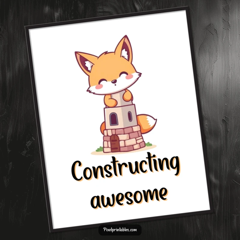 Funny pixelated fox building a tiny pixelated tower, a retro gaming digital art print showcasing playful mischief and pixelated construction.