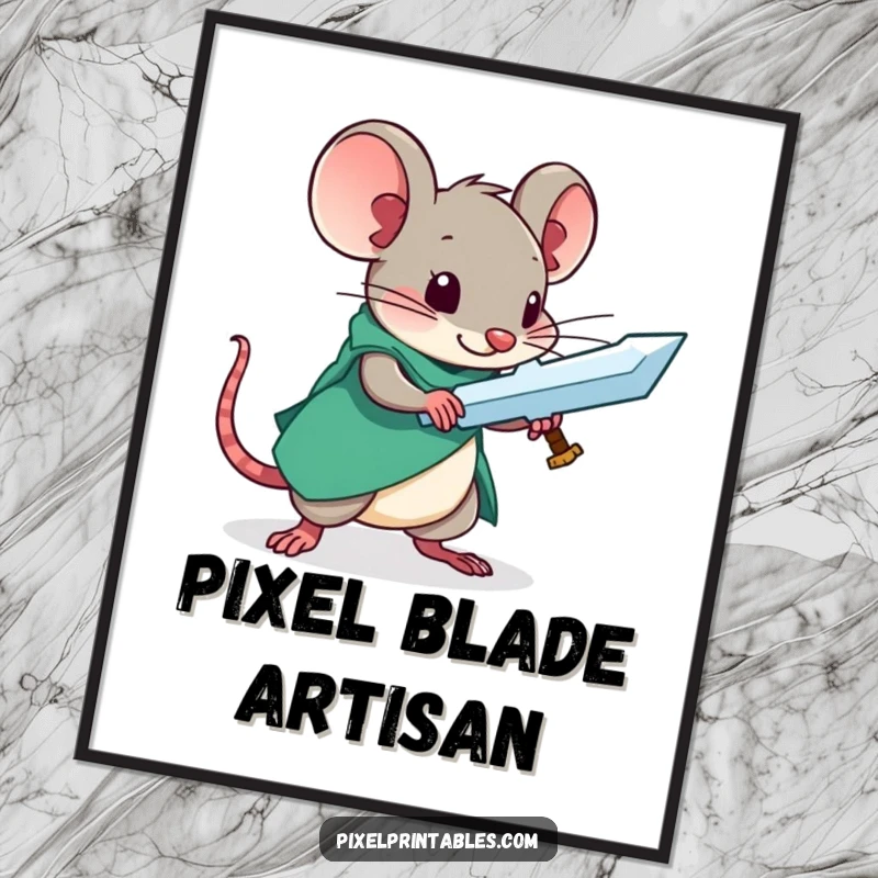 Funny digital art print of a focused pixelated mouse creating a sword, celebrating craftsmanship and gaming.