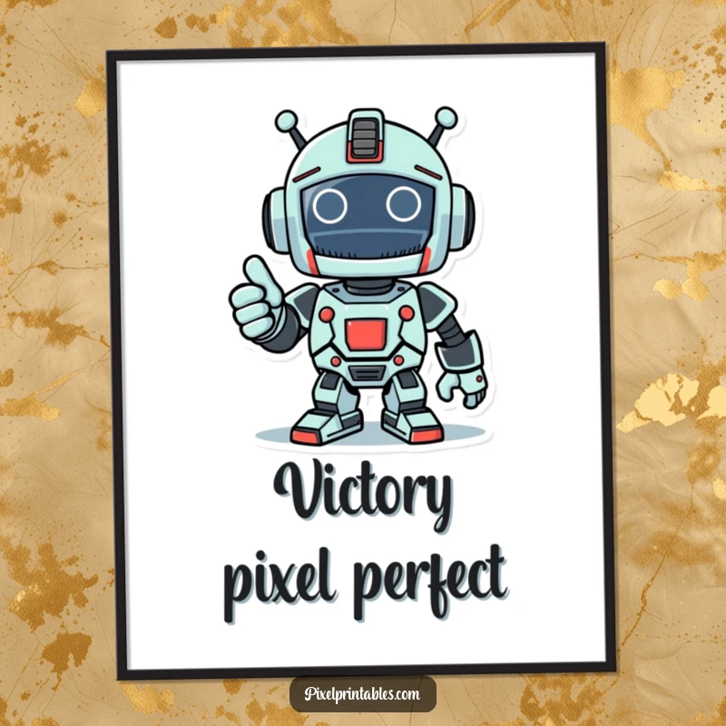 Funny digital art print of a victorious pixelated robot giving a thumbs-up, a symbol of achievement.