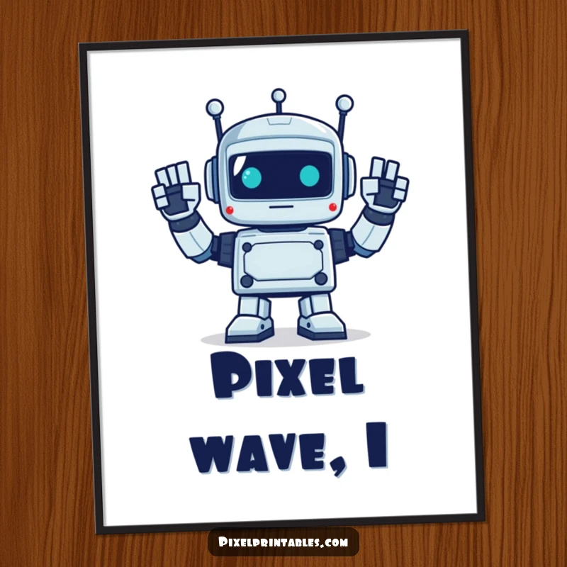 Funny digital art print of a pixelated robot waving enthusiastically with square hands, perfect for instant retro decor.
