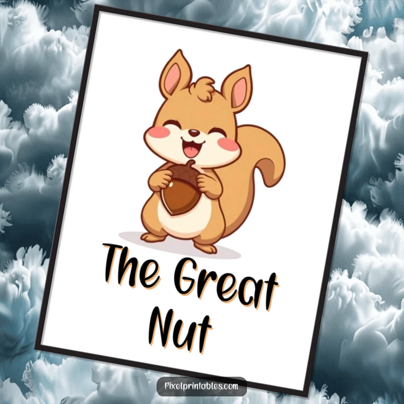 Funny pixelated squirrel triumphantly holding a pixelated acorn, a retro gaming digital art print showcasing pure joy and pixelated achievement.