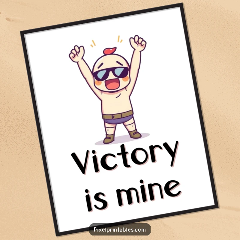 Funny Pixel Art Victory Digital Art Print, a pixelated character striking a triumphant pose, for instant gamer decor.