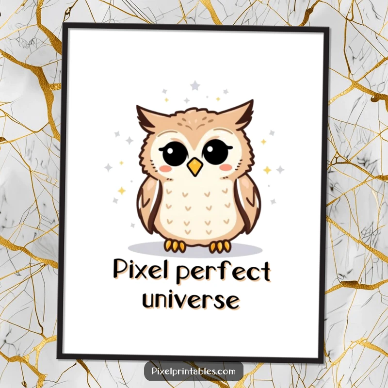 Funny pixelated owl digital art print showing an owl peering at a pixelated star map, perfect for instant geeky wall decoration.