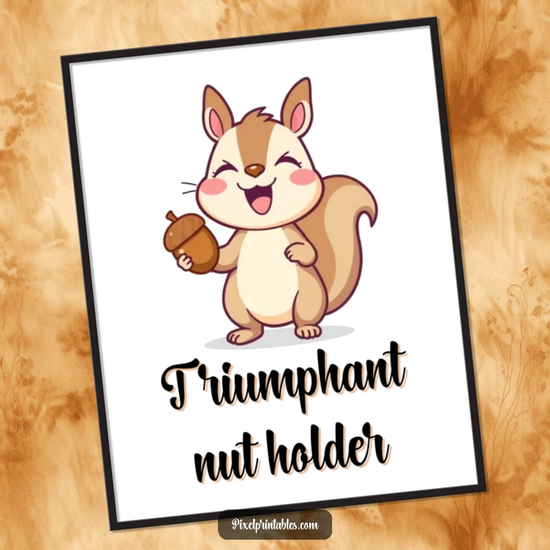 Funny pixelated squirrel triumphantly holding a pixelated acorn, joyful expression, retro pixel art, digital download print.