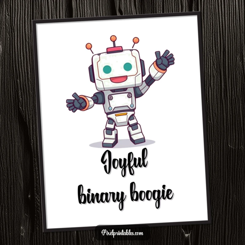 Funny digital art print of a cute, blocky robot character performing a joyful dance, instant downloadable art.