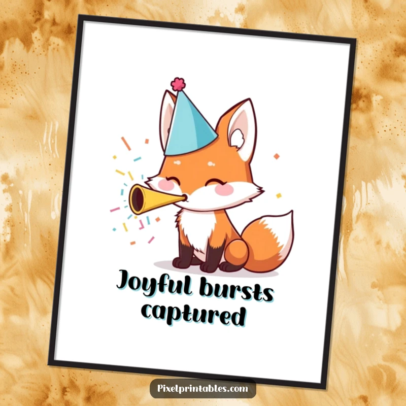 Funny Digital Art Print: A cute fox wearing a party hat gleefully blows a confetti horn, radiating celebration.