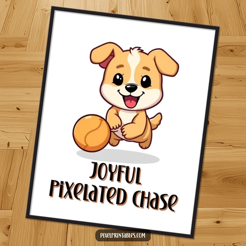 Funny digital art print of a cheerful, pixelated dog character chasing a bouncing ball, instant downloadable art.