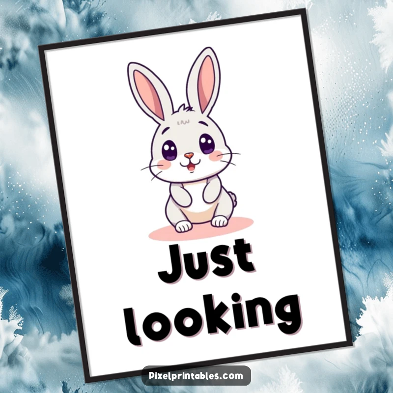 Funny pixelated rabbit peeking around a pixelated corner, a retro gaming digital art print capturing comical surprise and pixelated aesthetic.