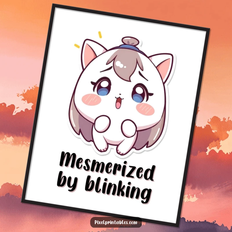 Funny digital art print of a character looking surprised at a blinking light, offering instant humorous relatability and decor.