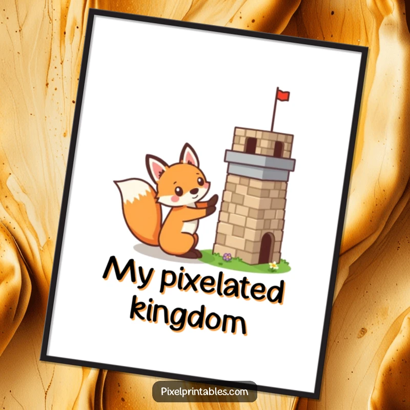 Funny pixelated fox building a tiny pixelated tower, mischievous expression, retro pixel art, digital download print.