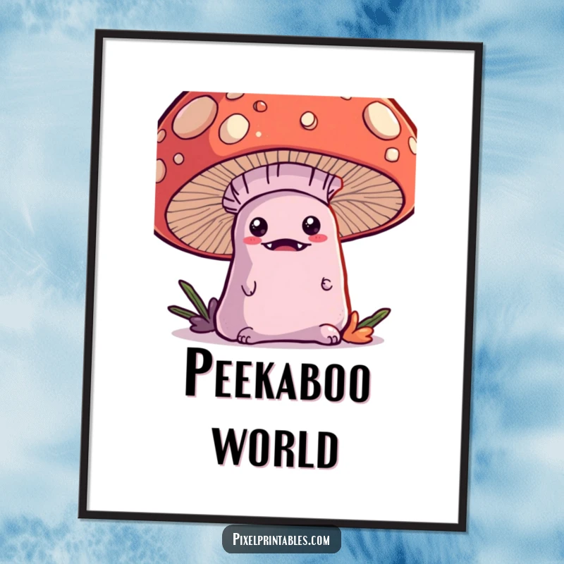 Funny Kawaii Monster Digital Art Print, an adorable monster peeking from behind a large pixel mushroom, cute art.