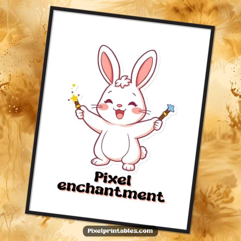 Funny digital art print of a happy rabbit character waving a pixelated magic wand, creating sparkling, enchanting effects.