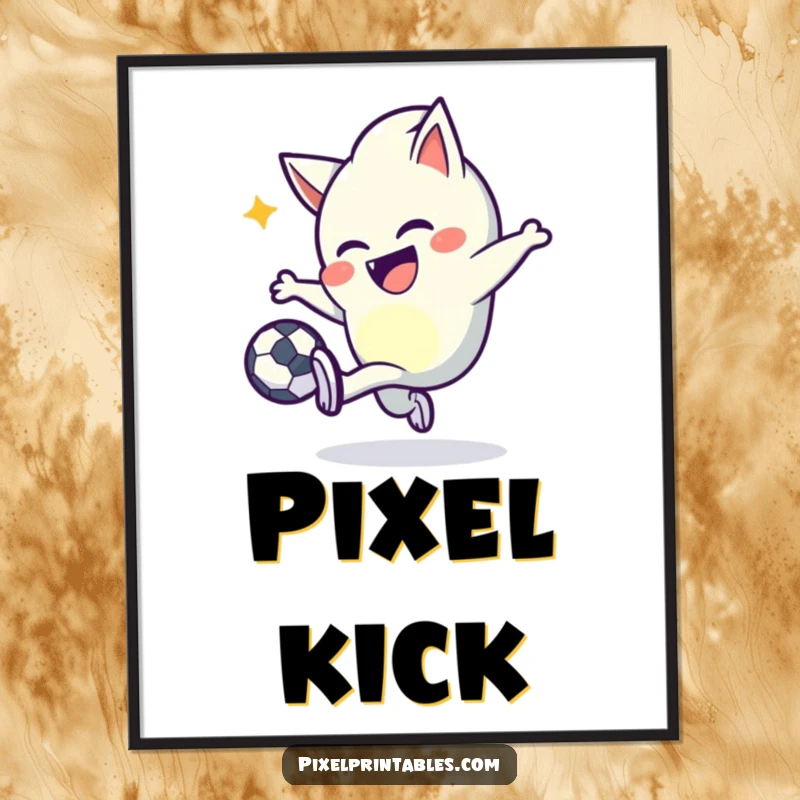 Funny pixel kicker digital art print of a mischievous character with pointed pixels joyfully kicking a pixel ball, ready for download.