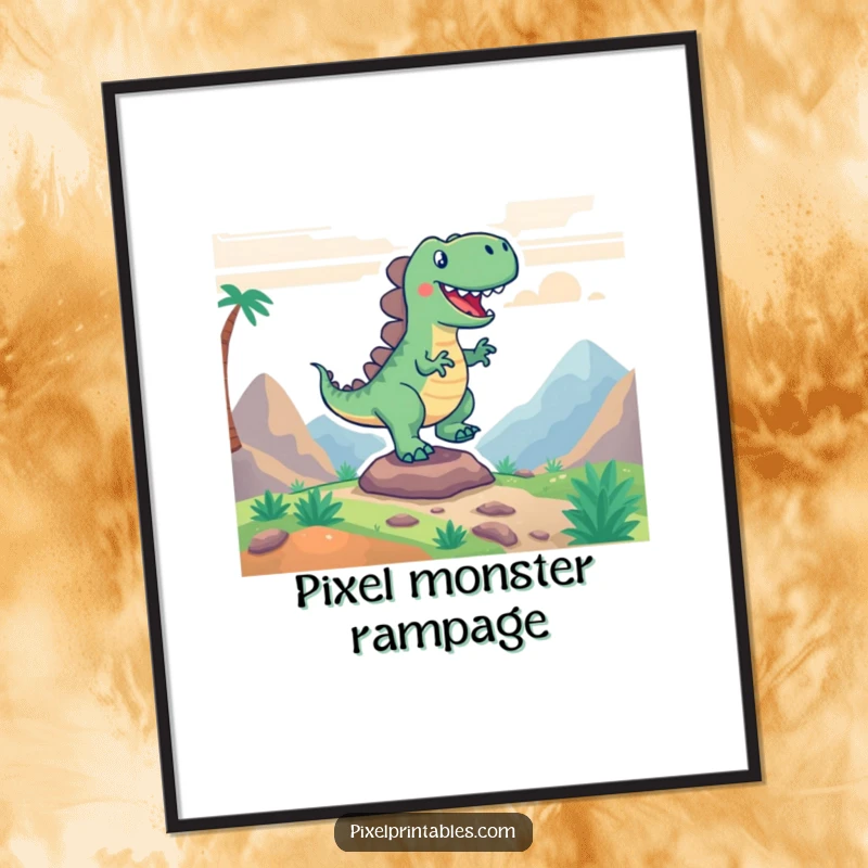Funny digital art print of an energetic pixelated dinosaur mid-stomp, capturing the thrill of retro gaming.