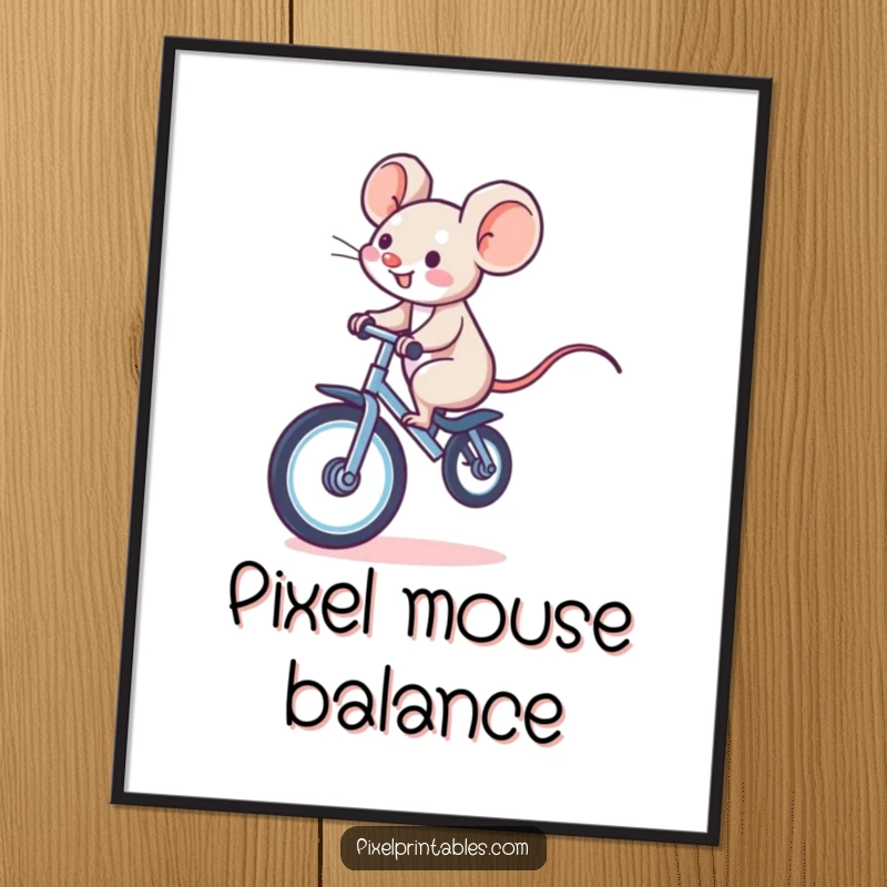 Funny digital art print of a giggling pixelated mouse riding a pixelated unicycle, offering instant retro whimsical charm.