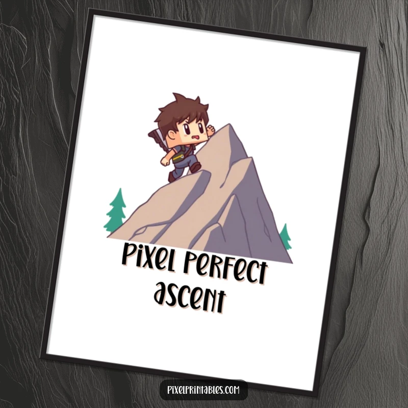 Funny digital art print of a blocky pixel adventurer character climbing a pixel mountain, perfect for a humorous and retro-themed room.