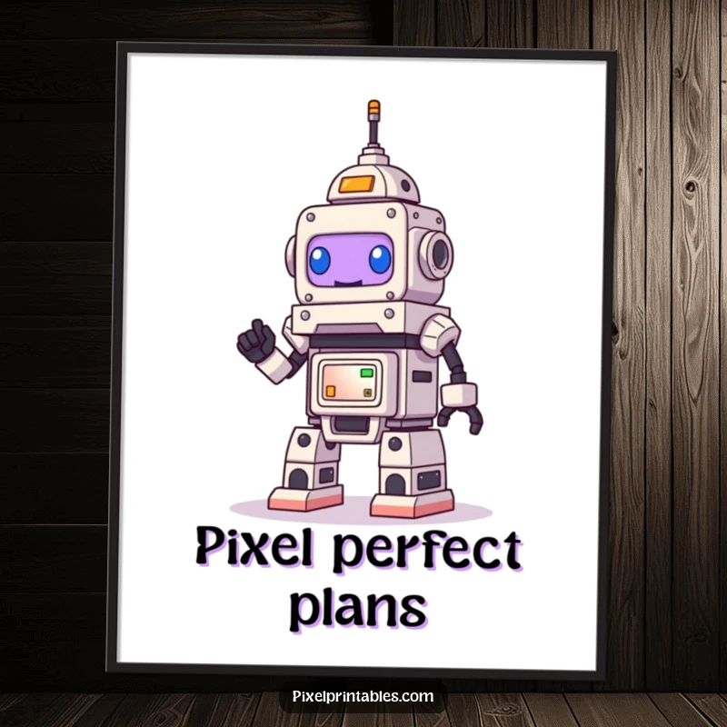 Funny Robot Digital Art Print, a smiling bot happily builds a massive pixelated structure, vibrant wall decor.