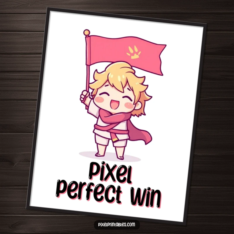 Funny Digital Art Print of a triumphant pixel character with sharp edges raising a pixel flag, celebrating gaming.