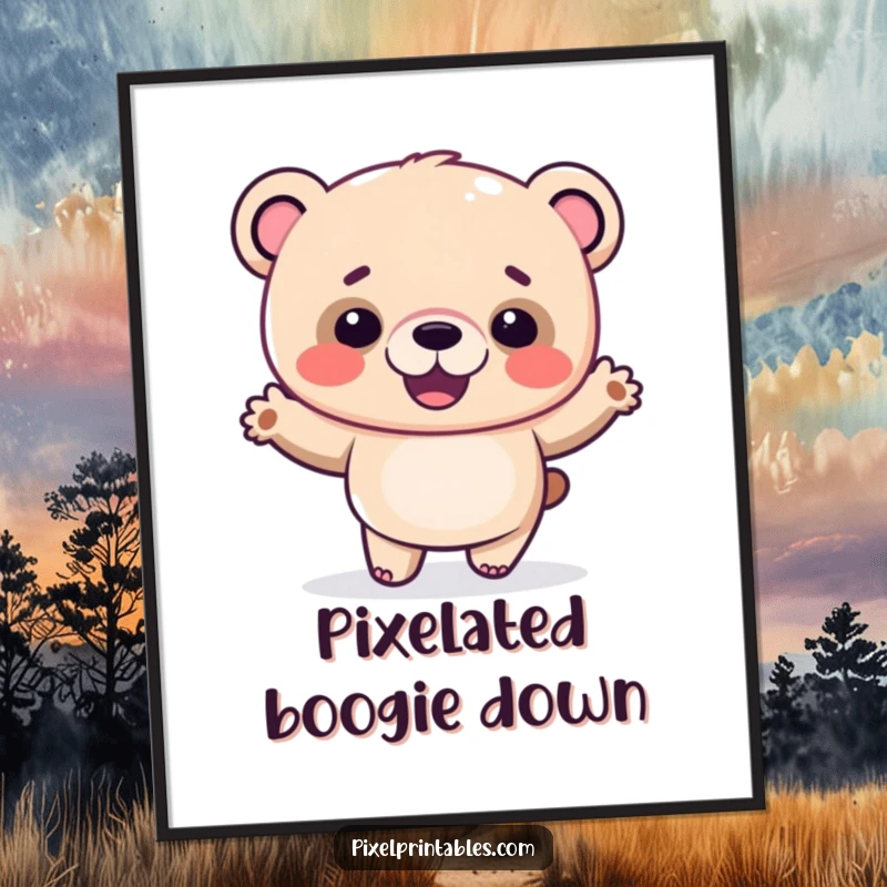 Funny pixel bear digital art print of a giggling pixelated bear doing a silly dance, for instant playful decor.
